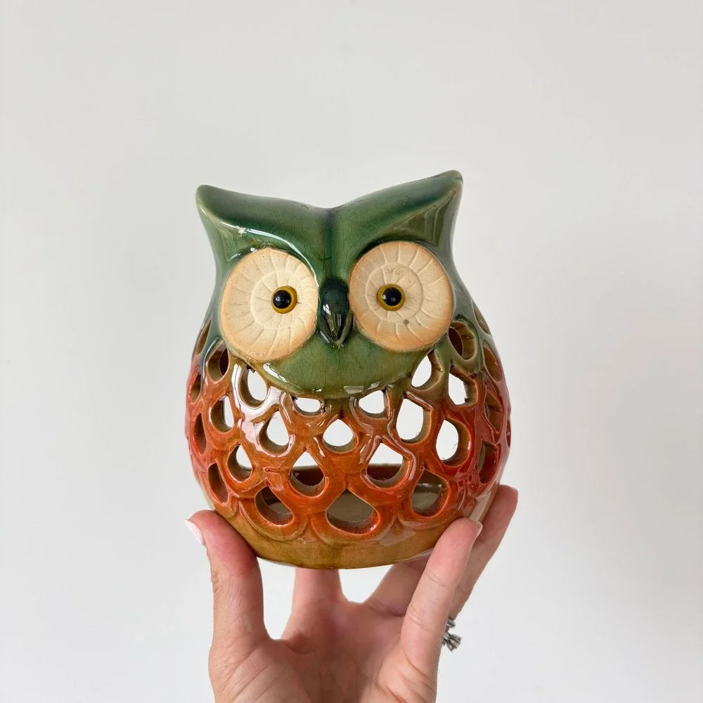 Vintage Ceramic Owl Tea Light Candle Holder Pair Mid Century Retro Boho Decor